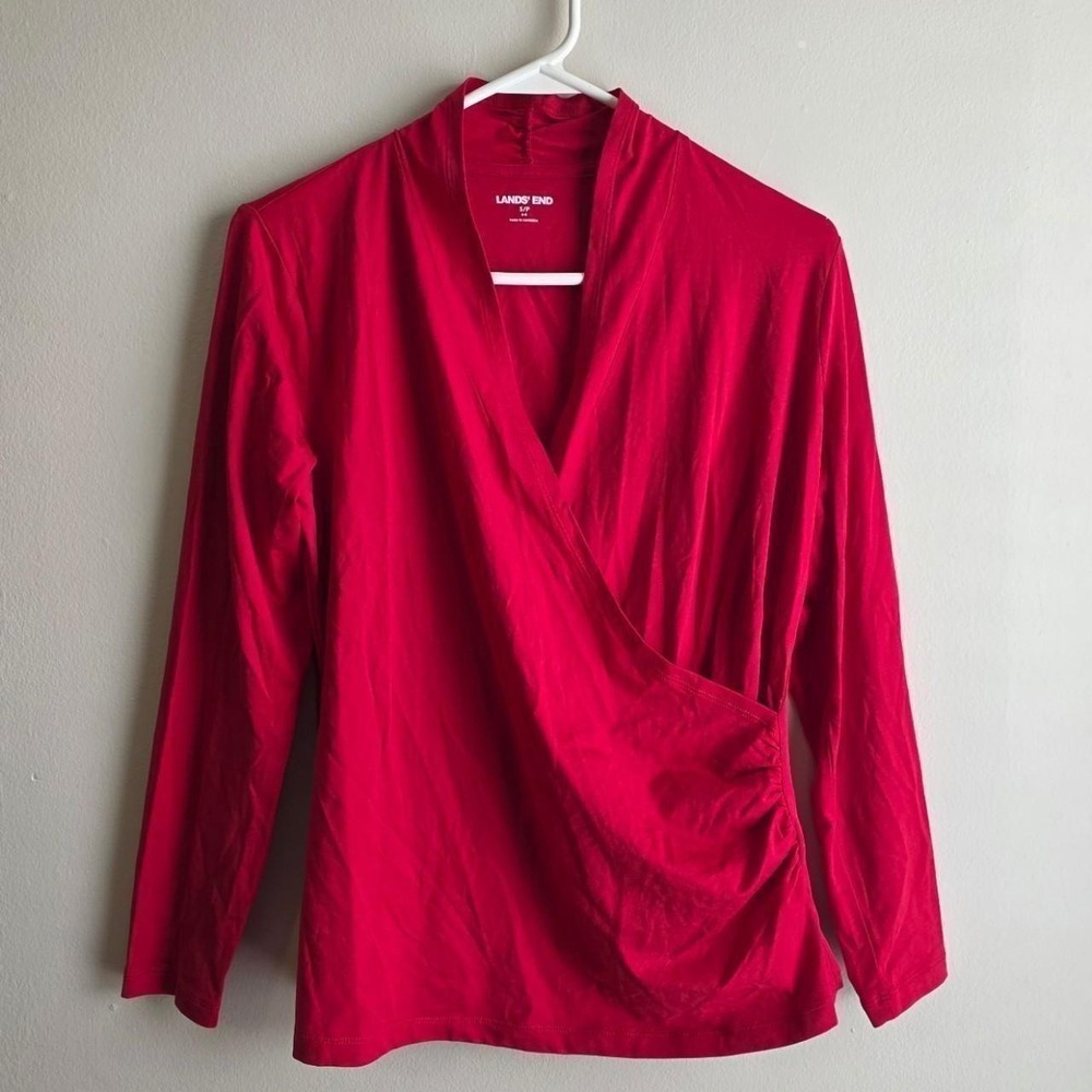 Lands End Red Faux Wrap Shirt Small Tencel Balletcore Long Sleeve Top NWT